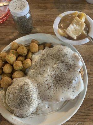 Chicken fried steak, mashed potatoes, fried okra, and peach cobbler for $10.