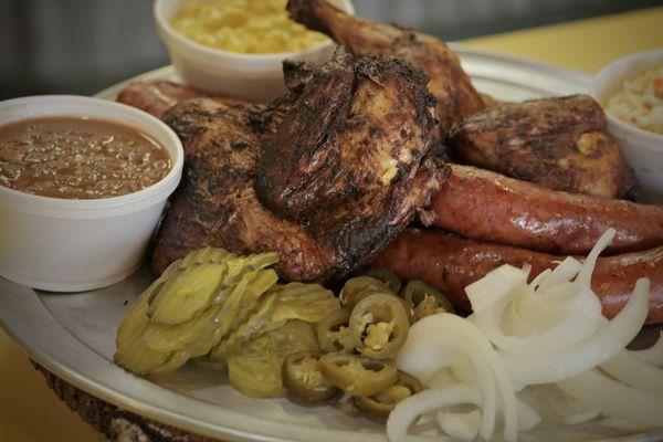 BBQ Chicken and Sausage, ranchero beans and potato salad. Yummmmmmmmy.