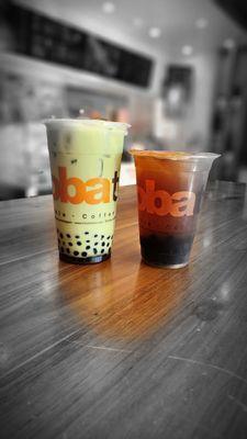 Pistachio Matcha Milk Tea + Peach Black Iced Tea with Honey Boba.