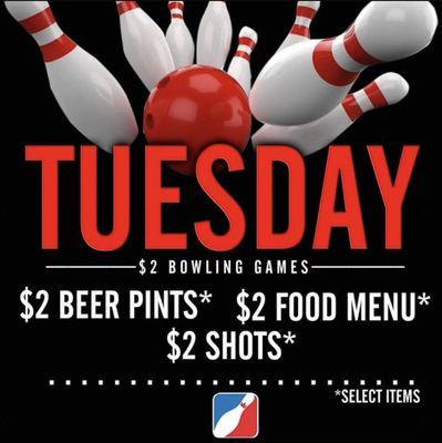 it's two dollar Tuesdays at Pla-Mor! Enjoy $2 beer pints, $2 food menu items, and  $2 shots on select items