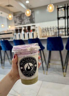 Iced matcha with ube foam