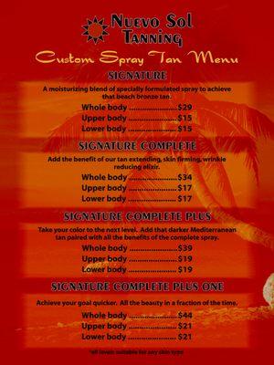 Spray Tan Menu