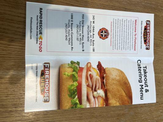 Front and back of take out and Cartering menu