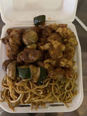 2 item: chow mein with orange chicken and mushroom chicken.