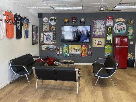 Man Cave-like waiting area.