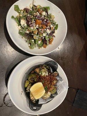 Crispy Seared Brussels Sprouts and avocado and roasted beet salad