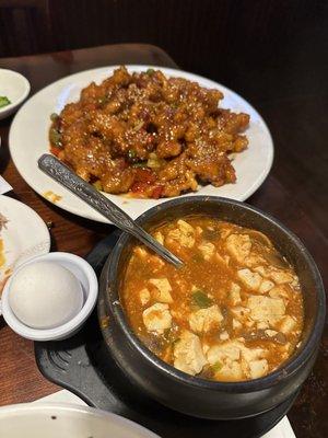 Mushroom Tofu Stew and boneless Korean Fried Chicken. Soup was amazing!