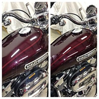 Before and after Harley Davidson detail, including machine polishing and waxing.