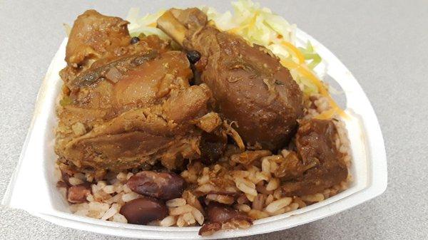 Bentley's Brown stew of chicken with rice & peas and cabbage