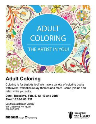 Adult coloring: Tuesdays on Feb 5, 12, 19 and 26th.