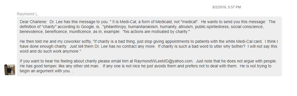 Dr. Lee's justification calling medi-cal charity. -_-