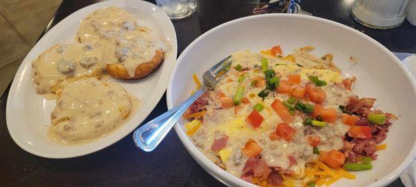 Biscuits and gravy with a hashbrown bowel.  So good!