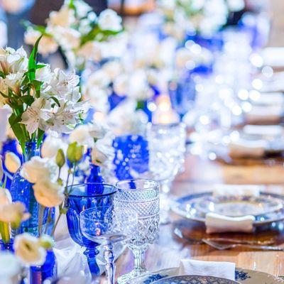 Clear and cobalt blue glassware mixed with our blue and white china at the brix.