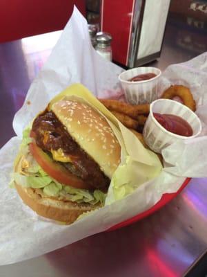 My large chili burger and large onion rings