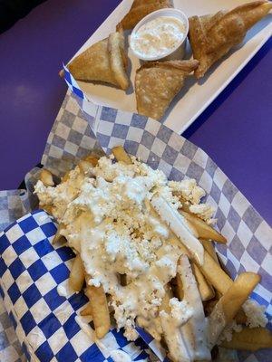 Chicken and beef samosas, Greek fries, gyro pita wrap