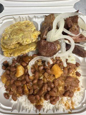 Fried pork with white rice,  beans and plantains