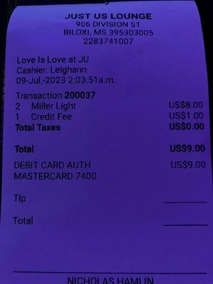 Two beers and 12.5% charge to use a credit card