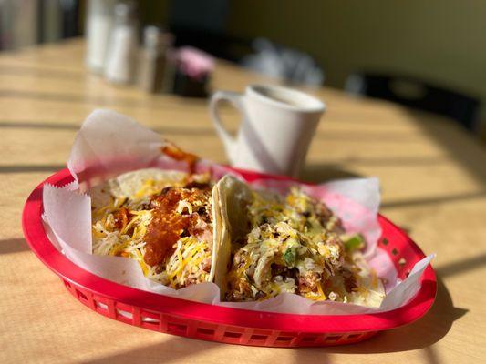 Hot coffe and Delicious Breakfast Tacos