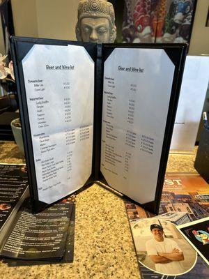 Beer,wine and sake menu