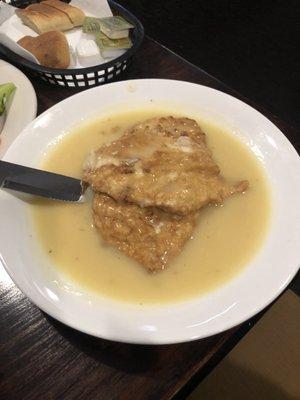 Chicken Francese, lemon/white wine/butter sauce, perfect! 2 large pieces of chicken breast, pounded thin.