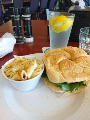 Tasty blackened mahi sandwich and toasted bun. Mac was decently good but a bit small on the portion size.