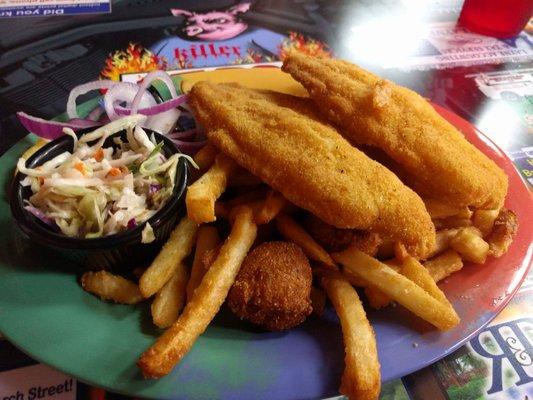 2 catfish platter: fresh, flakey and tasty. The fries and coleslaw are also worth mentioning!