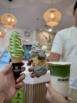 Green Tea Soft Serve, Black Sesame Parfait, and Matcha Latte