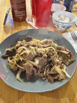 Medium portion size, beef, cabbage, onion & jalapeno cooked in water instead of oil