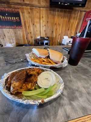 Combo #2. 5 wings and an 8inch sub with fries and soda $20.