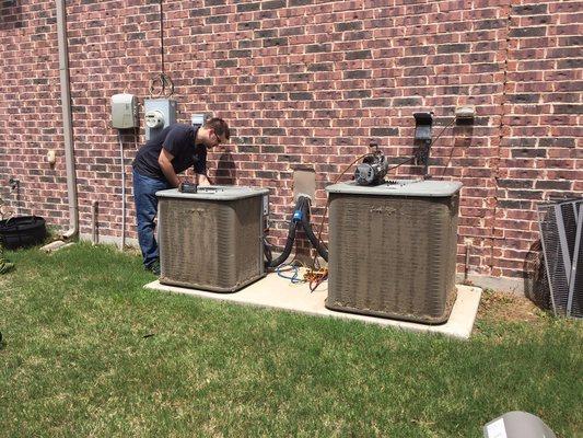 It helps to remove the shroud on the units completely to get the best cleaning.
 https://g.page/topgunairTX?share