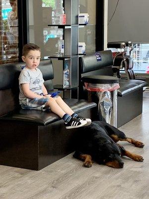 My son looks great after his cut while he waits for my cut to finish. This dog is amazing!  Guarding my son while he waits for me.