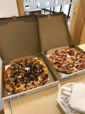 Delivery: Pepperoni mushroom olive - left; meat - right