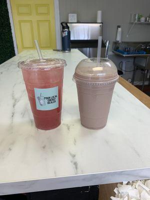 Pink Drink tea, chocolate banana shake