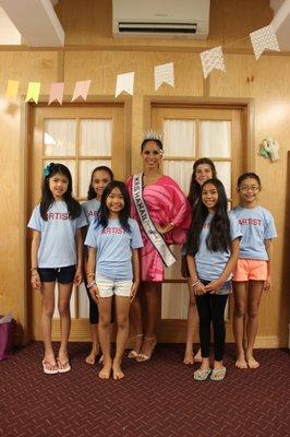 Stage Presence lesson with our friend Mrs. Hawai'i International Pomaika'i Lyman during our Advanced Summer Stitch Camp