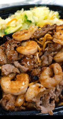 Beef & Shrimp Teriyaki, with Noodles: $12.24; $13.33 with tax. Take-out.