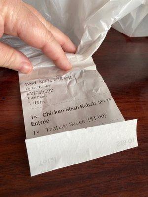 Receipt on bag