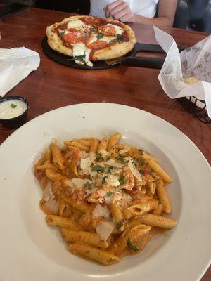 Vodka sauce penne and margarita pizza