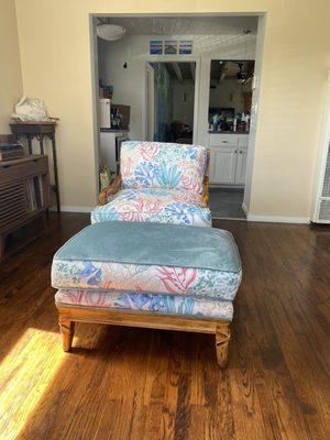 Chair and ottoman. Top of ottoman matches new couch.