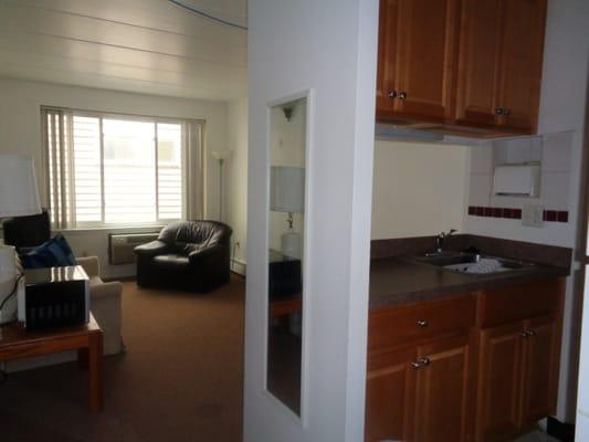 One-bedroom kitchen and living room view.