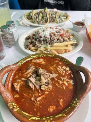 Birria ramen , steak fries , 5 street tacos