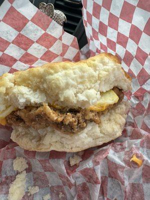 Steak egg and cheese biscuit