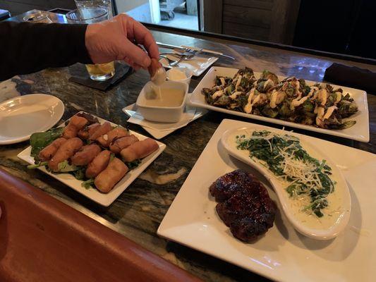 Pretzel bites,Brussel sprouts and a petite filet with spinach