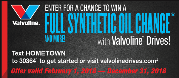 TEXT HOMETOWN to 30364 to WIN a FREE OIL CHANGE. You get a $7.50 Coupon Off your next Oil Change for playing! Thanks