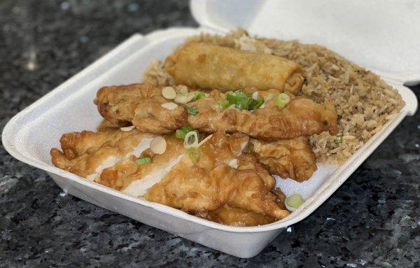 Almond Boneless Chicken with Egg Roll and Fried Rice