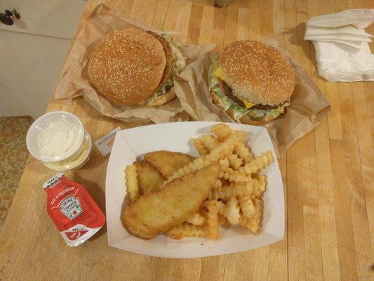 $36.87 for fish and disgusting chips, a disgusting veggie burger, and a deluxe cheese burger