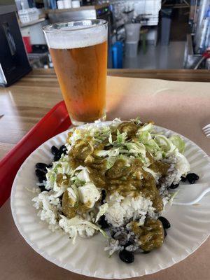 Rice & beans, citrus brussel sprouts and jicama, green chili sauce, Art History Lincoln Highway APA