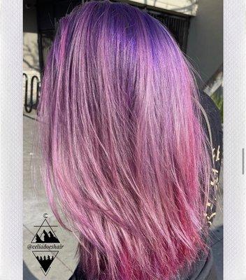 Pastel and bright pink underneath for dimension. Hair by Celia.