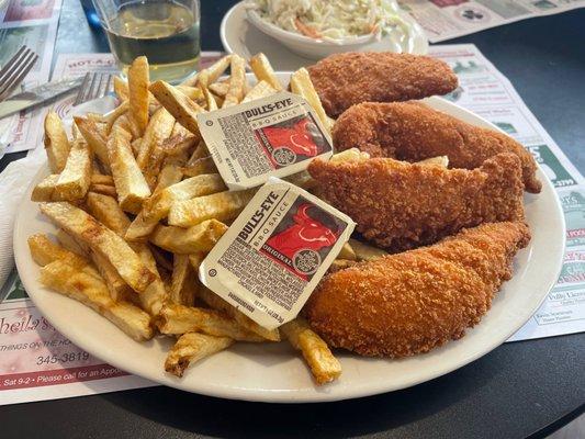 Chicken fingers with hand cut fries.