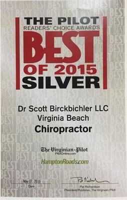 Winner of Va Pilot's Best Chiropractor 2015