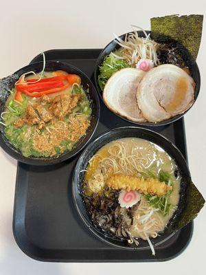 Zessan with Braised Pork Shoulder (top right) Thai Coconut Curry with Chicken Karaage (left) Miso with Shrimp Tempura (bottom right)